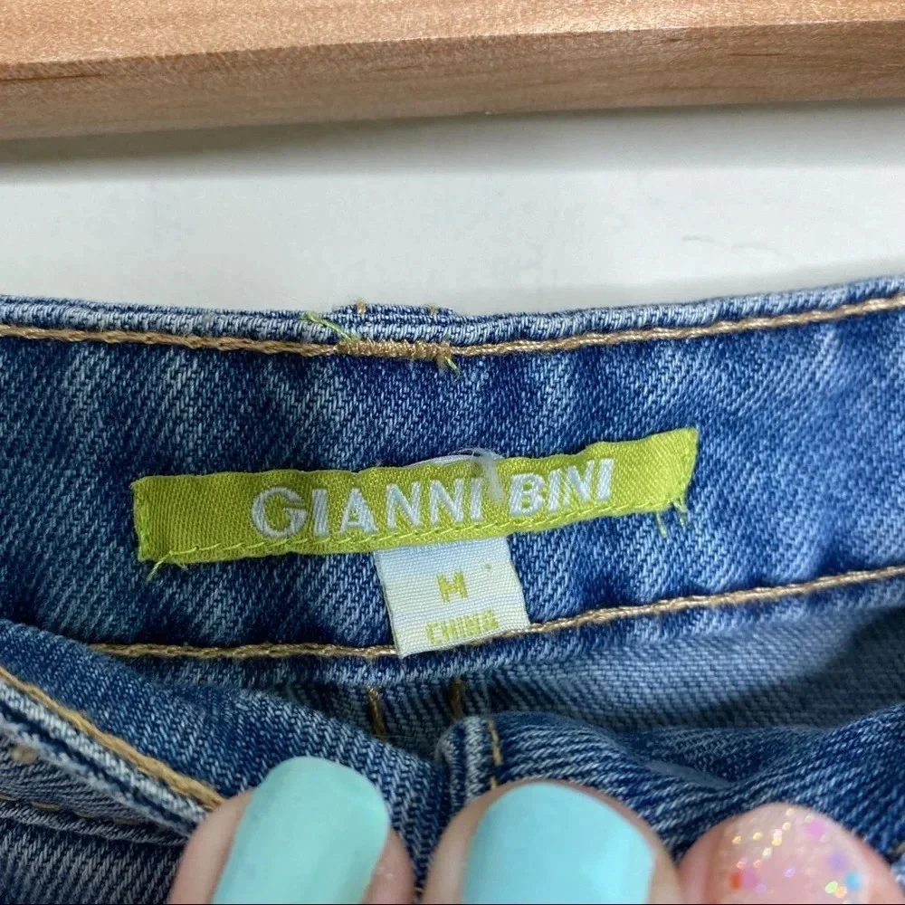 Gianni Bini Medium Wash Button Front Fringe Hem Mini Jean Skirt Size Medium